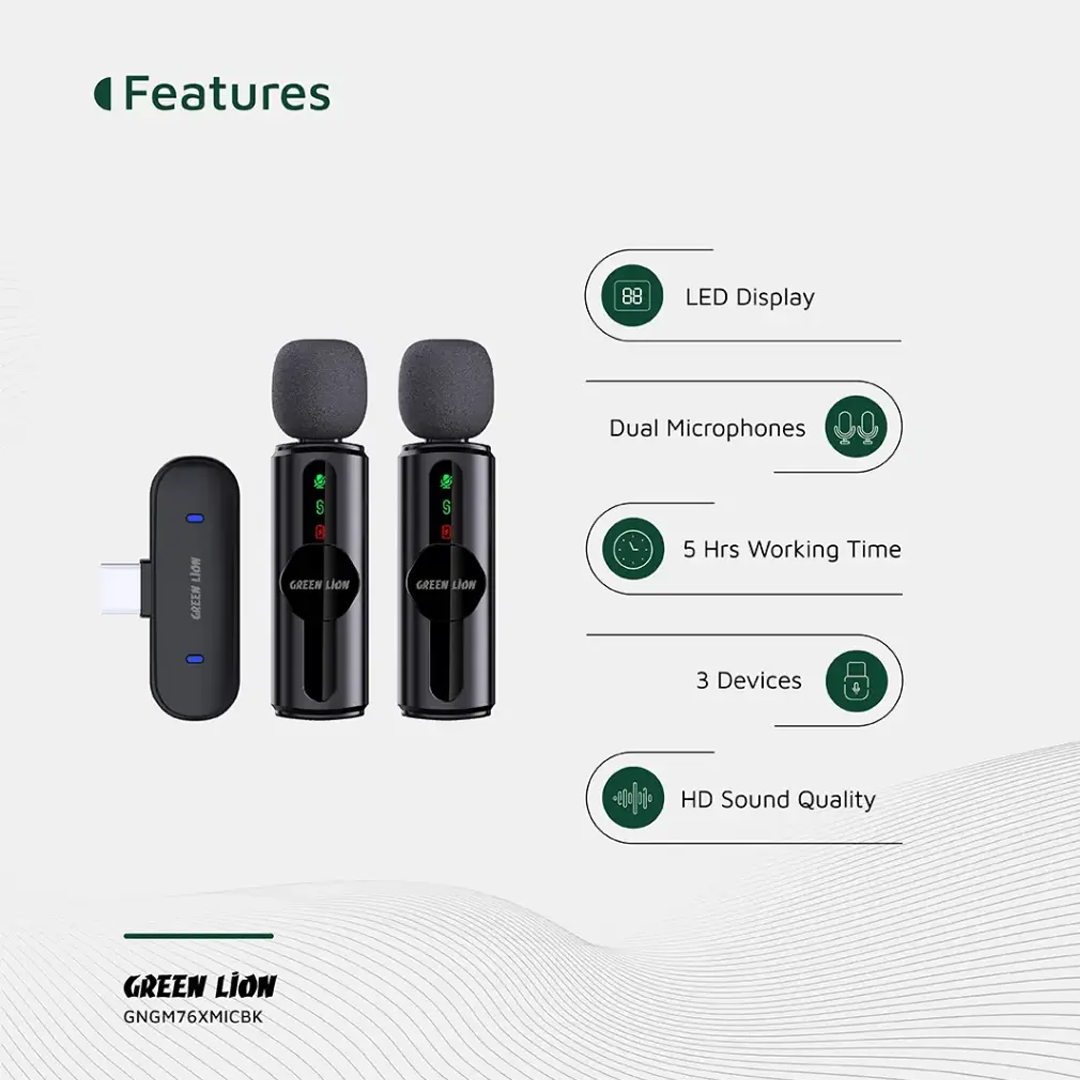 Microphone Sans Fil Green Lion GM-76X - Double Micro avec Réduction de Bruit (USB-A/Type-C/Lightning)