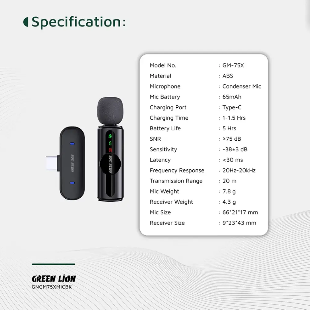 Microphone Sans Fil Green Lion GM-75X - Réduction de Bruit 3 Niveaux (Type-C / Lightning / USB-A)