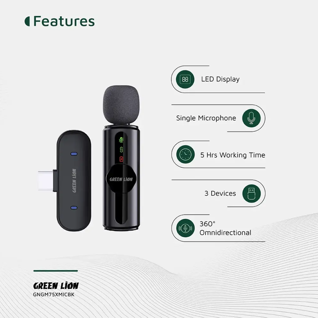 Microphone Sans Fil Green Lion GM-75X - Réduction de Bruit 3 Niveaux (Type-C / Lightning / USB-A)