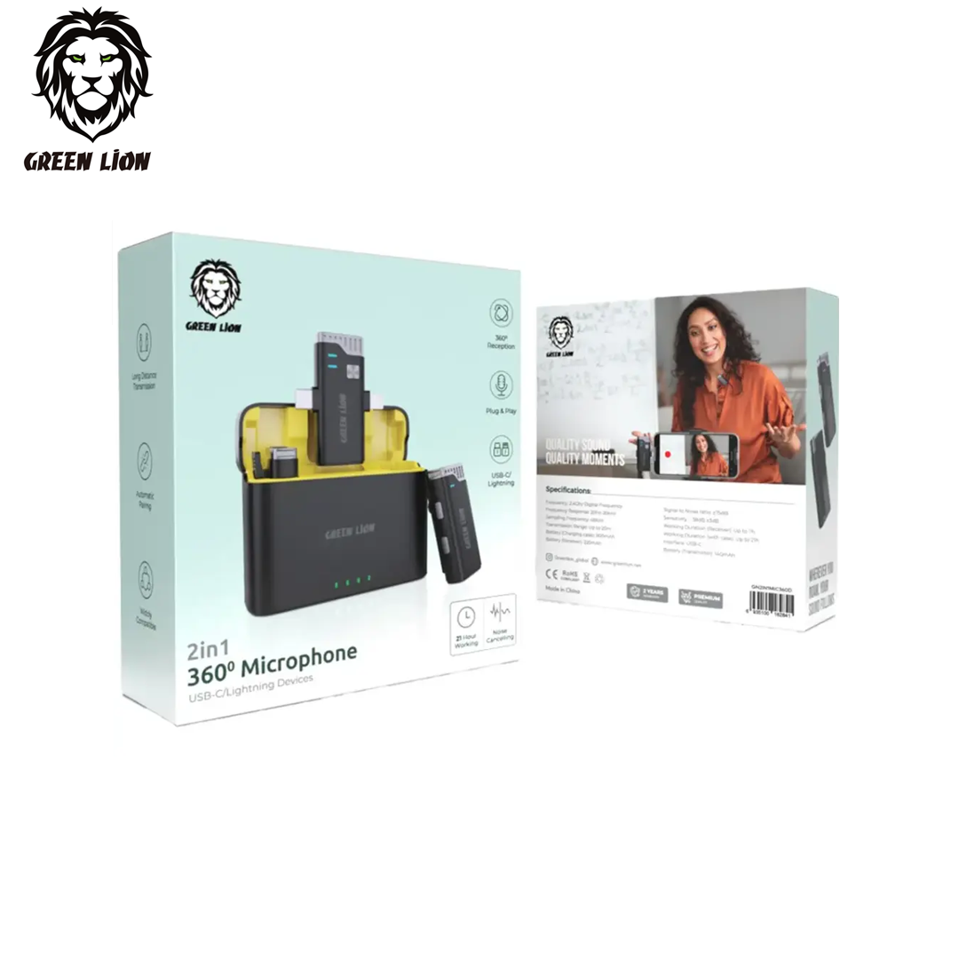 Kit Micro Sans Fil Double Green Lion 3-en-1 avec Boîtier de Charge (Autonomie 21h & Réduction de Bruit)