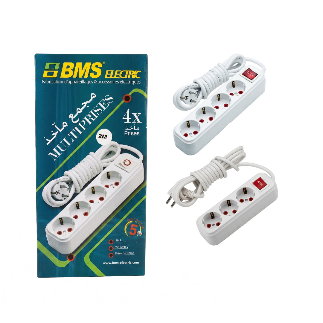 BMS ELECTRIC — Multiprises 4X Prises | Câble 2 m | Prise de Terre | 16A - 220/250V
