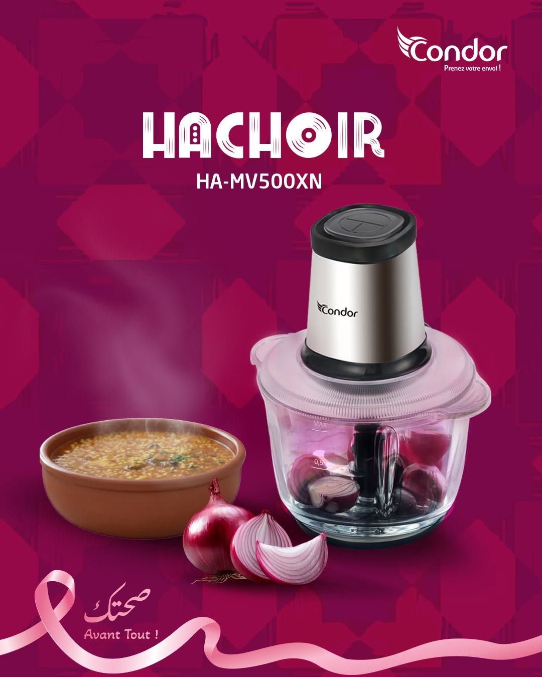 Condor – HA-MV500XN – Hachoir Électrique - Bol en Verre 2 L et Puissance 500W