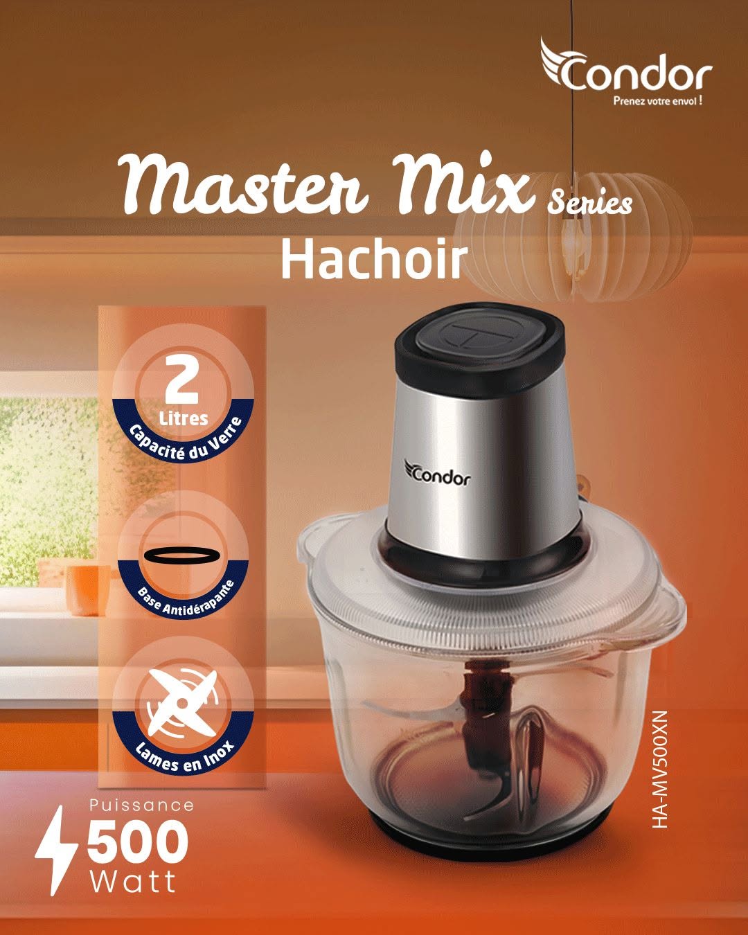 Condor – HA-MV500XN – Hachoir Électrique - Bol en Verre 2 L et Puissance 500W