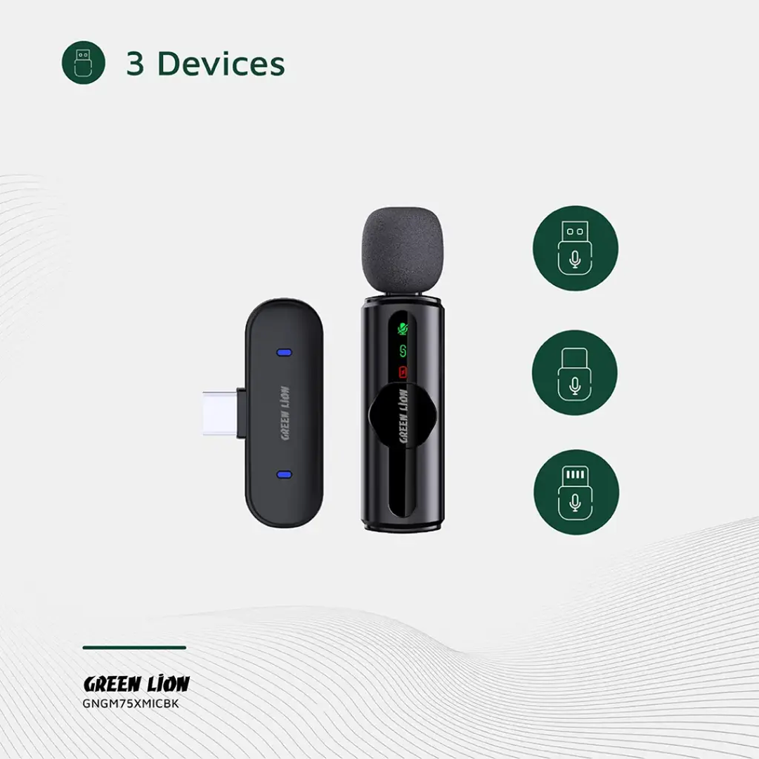 Microphone Sans Fil Green Lion GM-75X - Réduction de Bruit 3 Niveaux (Type-C / Lightning / USB-A)