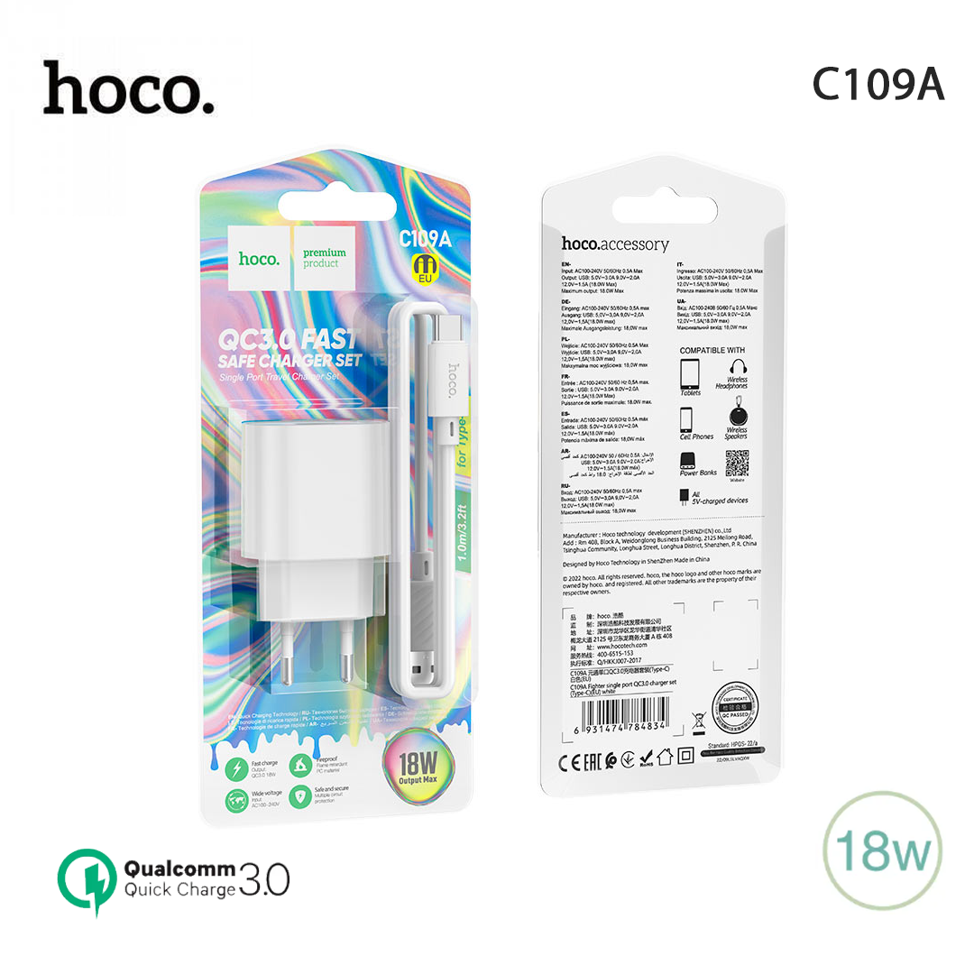Hoco C109A – Chargeur secteur USB 18W QC3.0 avec câble