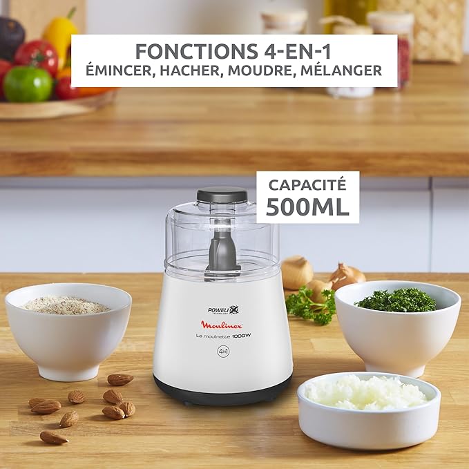 Moulinex – DPA141 – Moulinette Hachoir Électrique 4-en-1 - Puissance 1000 W