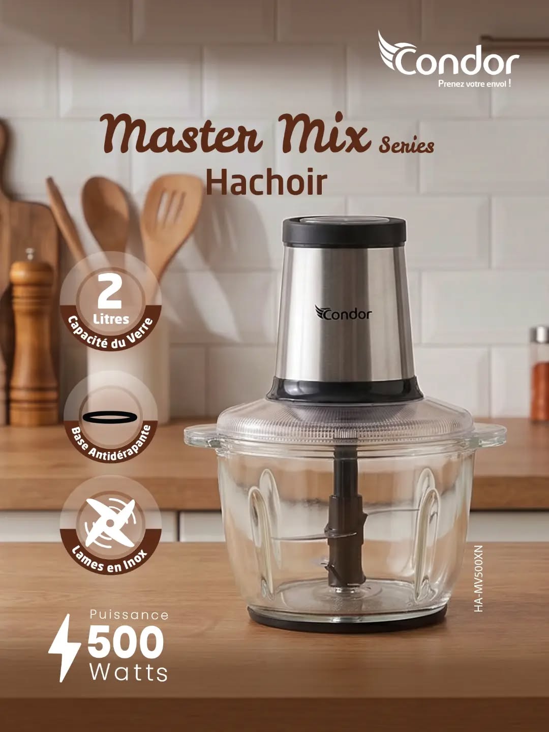 Condor – HA-MV500XN – Hachoir Électrique - Bol en Verre 2 L et Puissance 500W