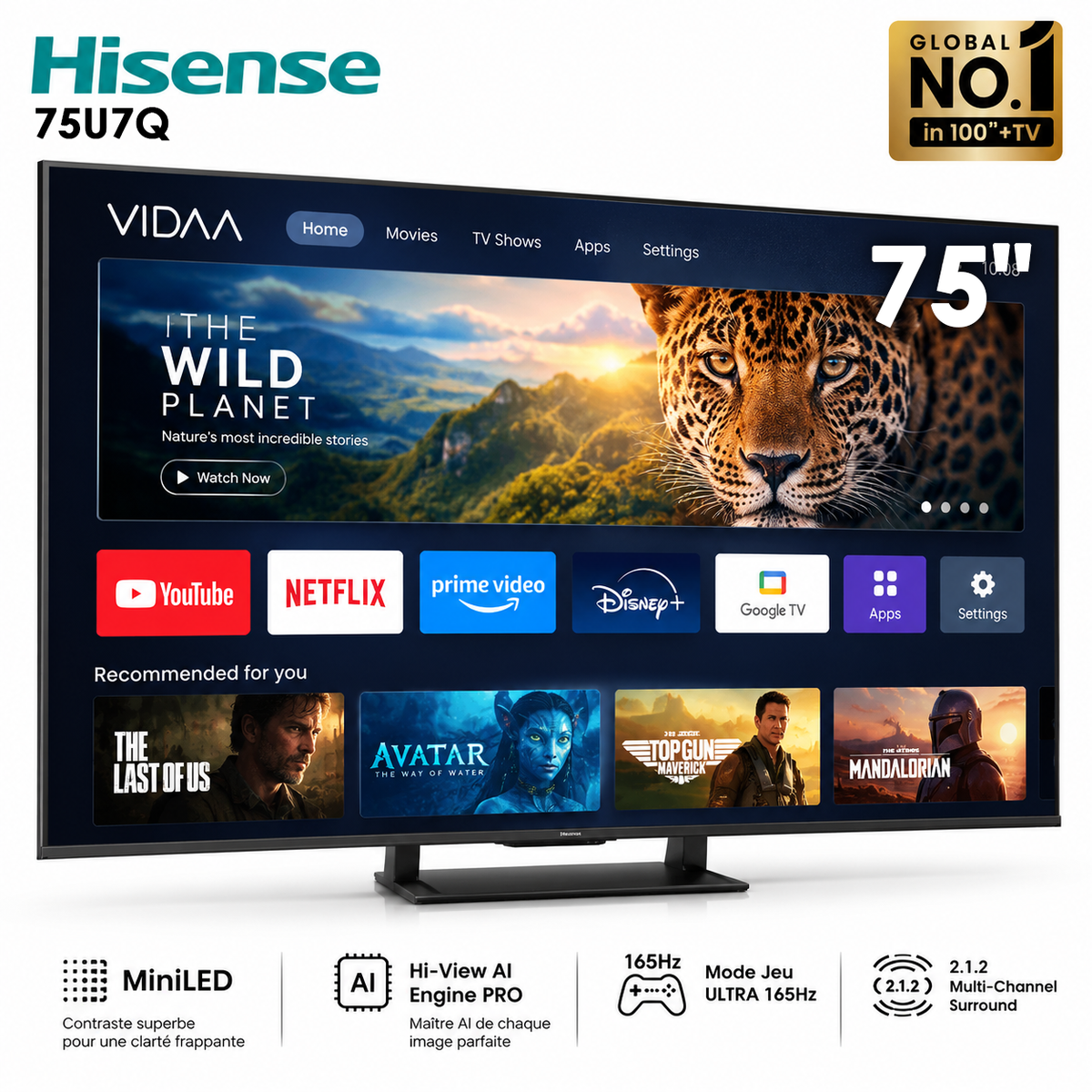 Hisense U7Q PRO – Téléviseur 75 Pouces 4K UHD Smart TV (ULED MiniLED / 165Hz / VIDAA OS)