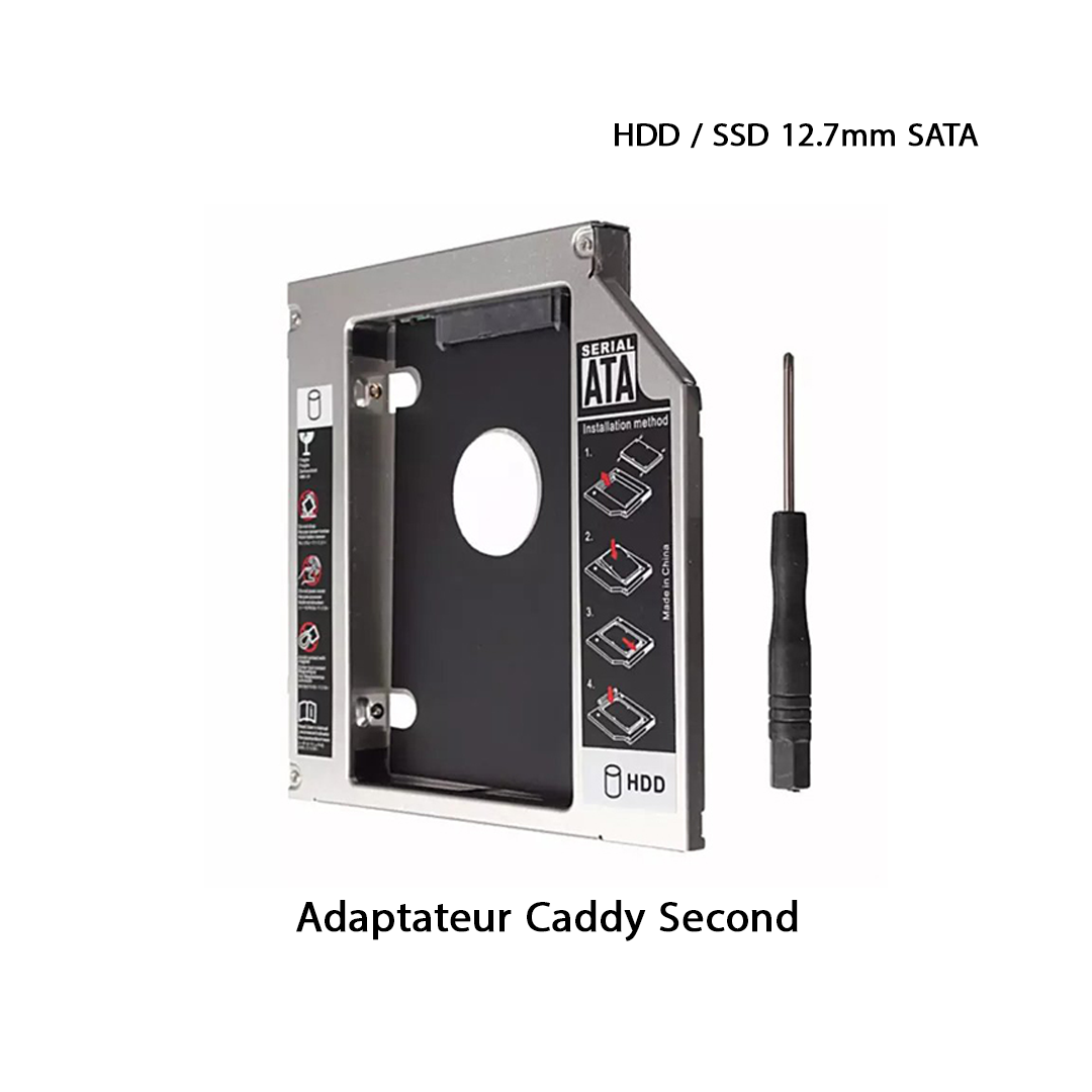 Adaptateur Caddy Second Disque Dur HDD / SSD 12.7mm SATA pour PC Portable