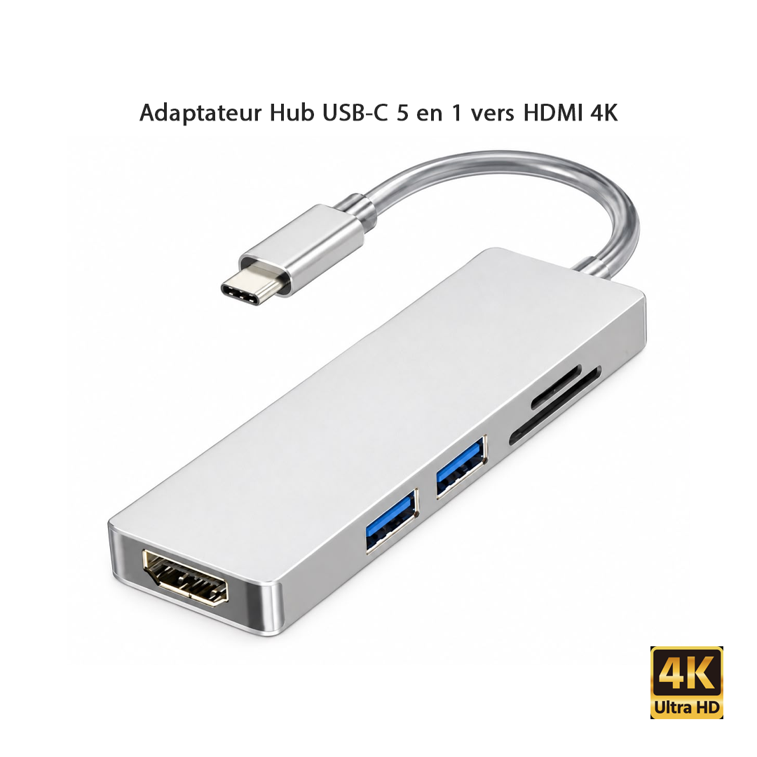 Adaptateur Hub USB-C 5 en 1 vers HDMI 4K : 2x USB 3.0, Lecteur SD/TF