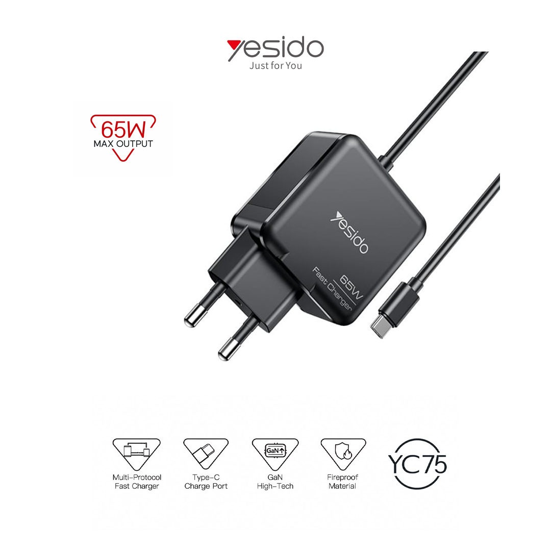 Adaptateur PC Portable Yesido 65W avec Cable Type-C Intégré (2 Mètres)