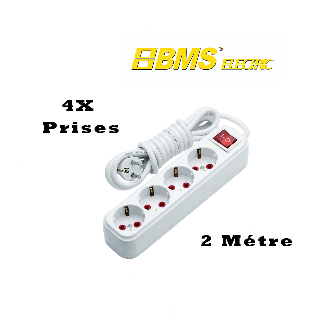 BMS ELECTRIC — Multiprises 4X Prises | Câble 2 m | Prise de Terre | 16A - 220/250V