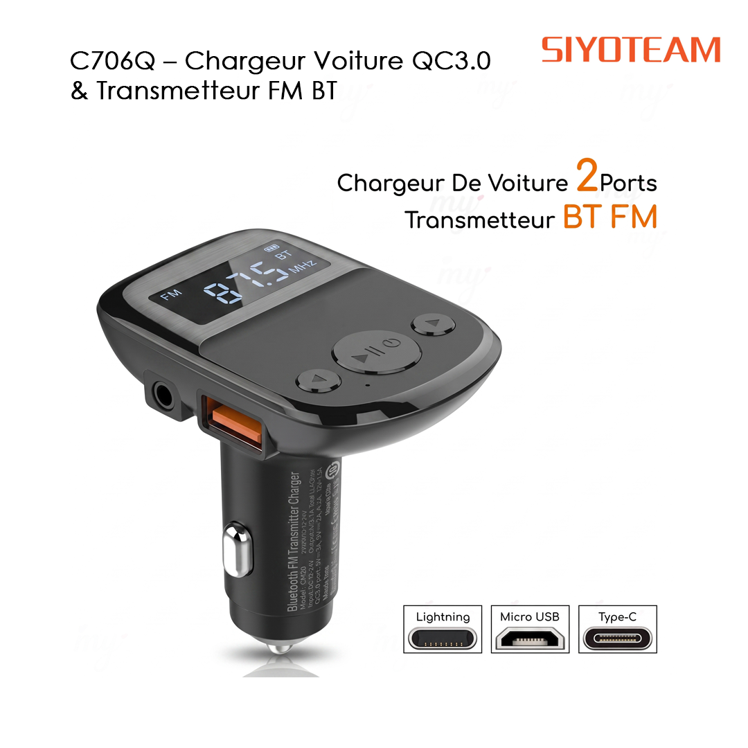SIYOTEAM C706Q – Chargeur Voiture QC3.0 & Transmetteur FM BT