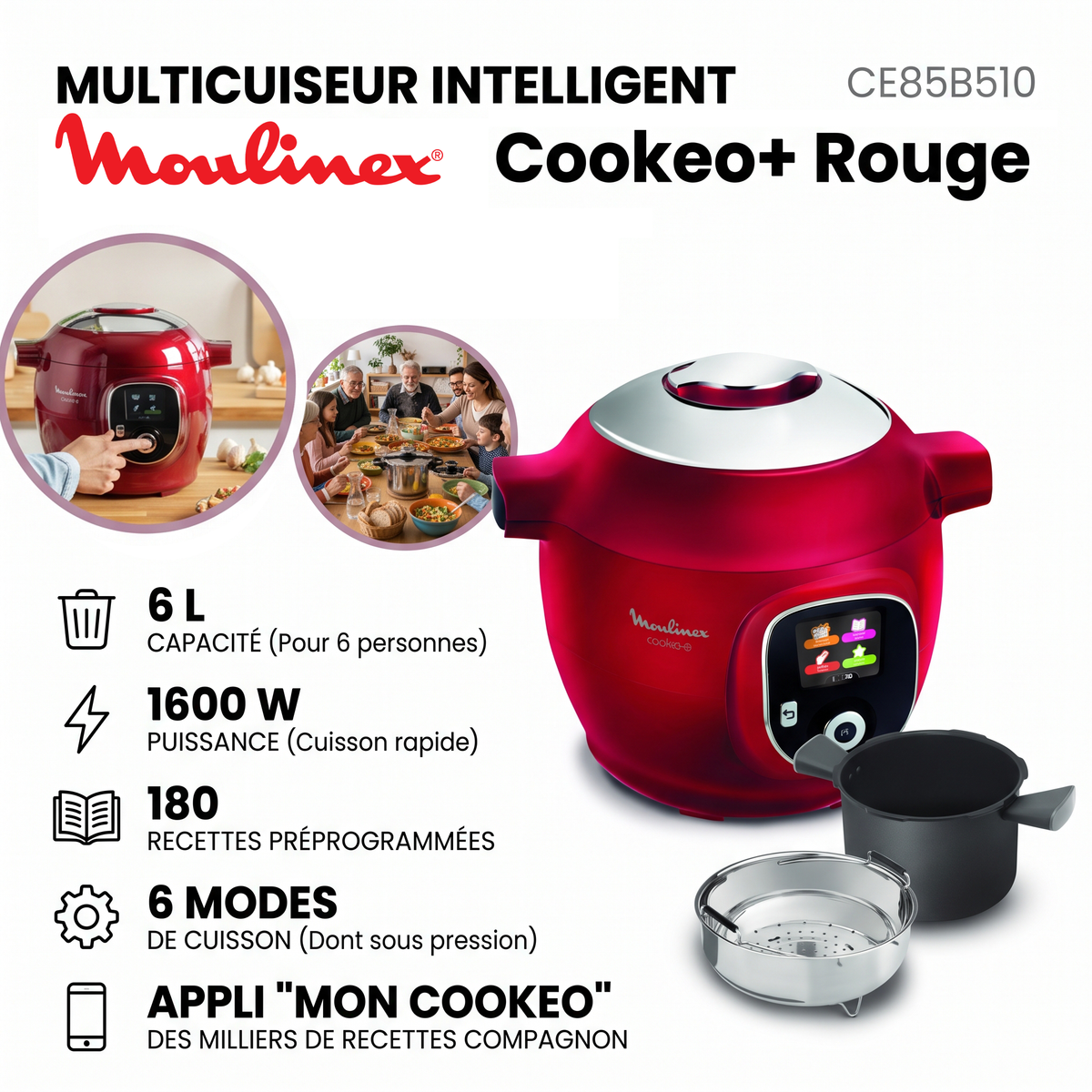 Moulinex CE85B510 Cookeo + 6L Rouge – Multicuiseur intelligent