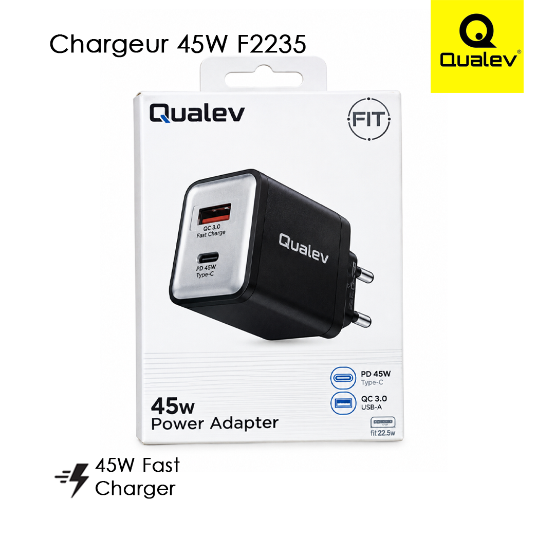 Chargeur secteur Qualev F2235 45W USB-C PD + USB-A QC3.0