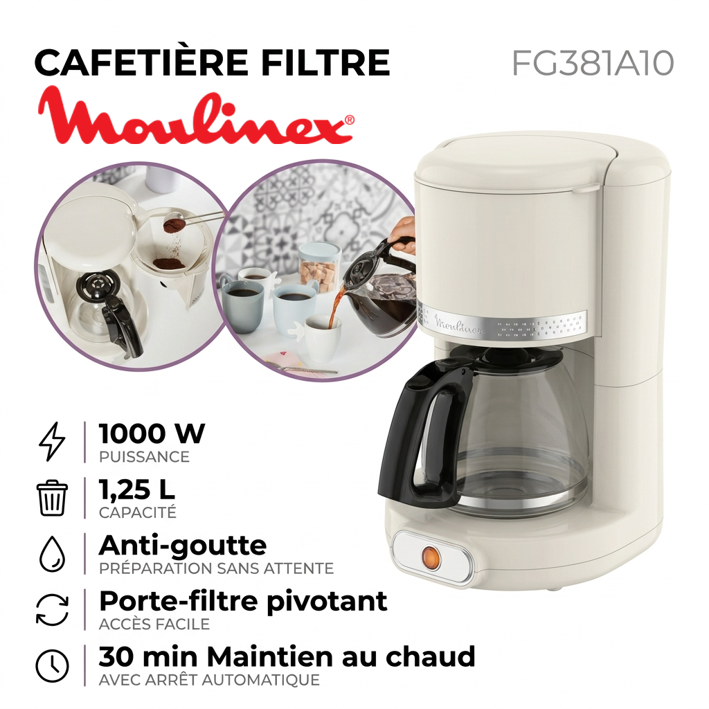 Moulinex – Soleil FG381A10 – Cafetière Filtre - Capacité 1.25 L