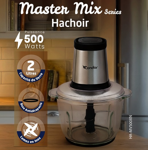Condor – HA-MV500XN – Hachoir Électrique - Bol en Verre 2 L et Puissance 500W