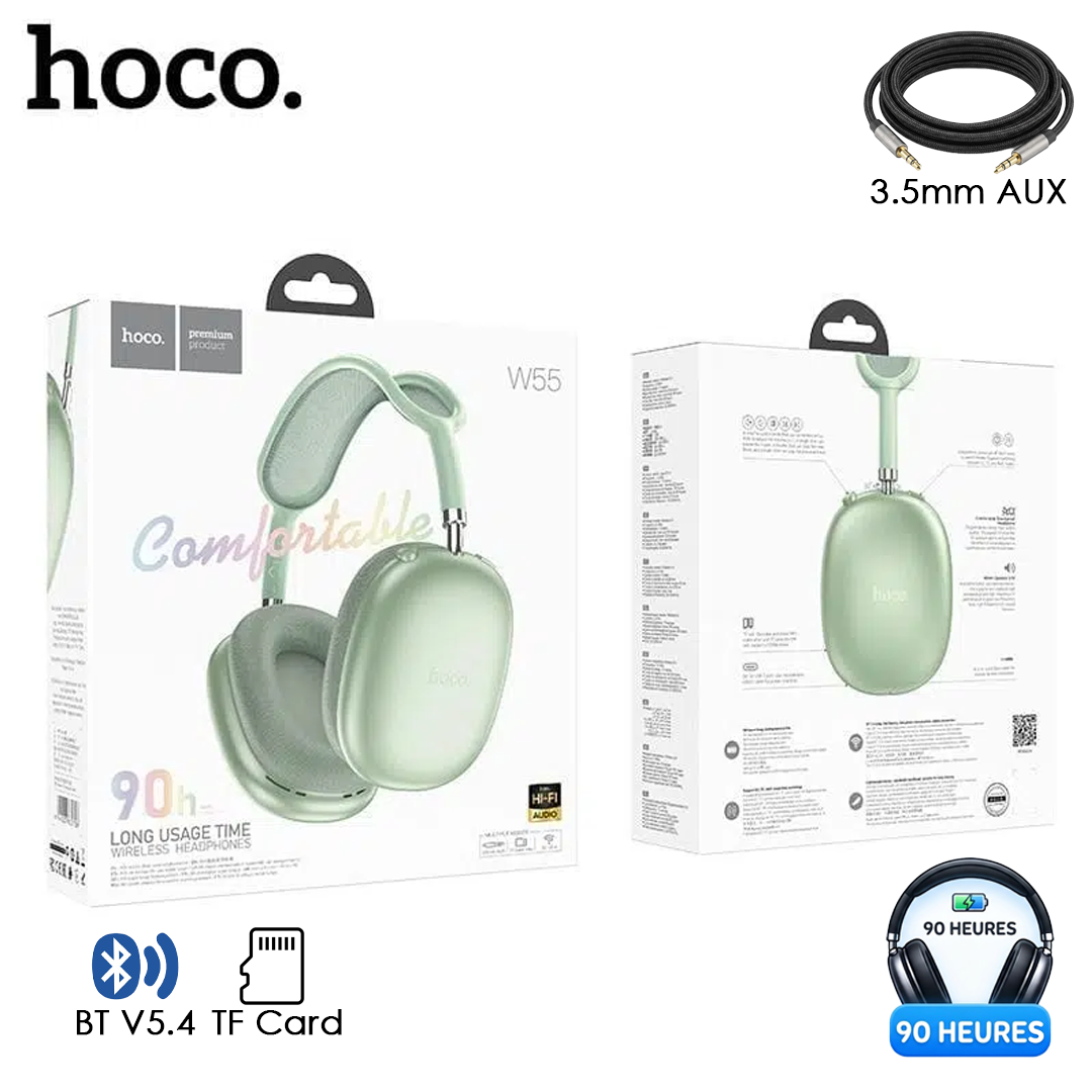 Casque Sans Fil Bluetooth Hoco W55 – Autonomie 90h & Son Hi-Fi - Vert