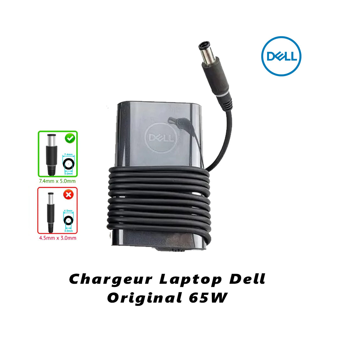 Chargeur Laptop Dell Original 65W 19V 3.34A – Fiche Noir avec Câble Trèfle En État Excellent