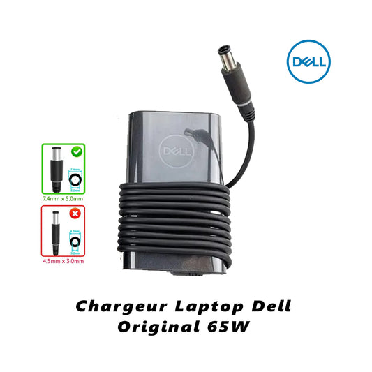 Chargeur Laptop Dell Original 65W 19V 3.34A – Fiche Noir avec Câble Trèfle En État Excellent