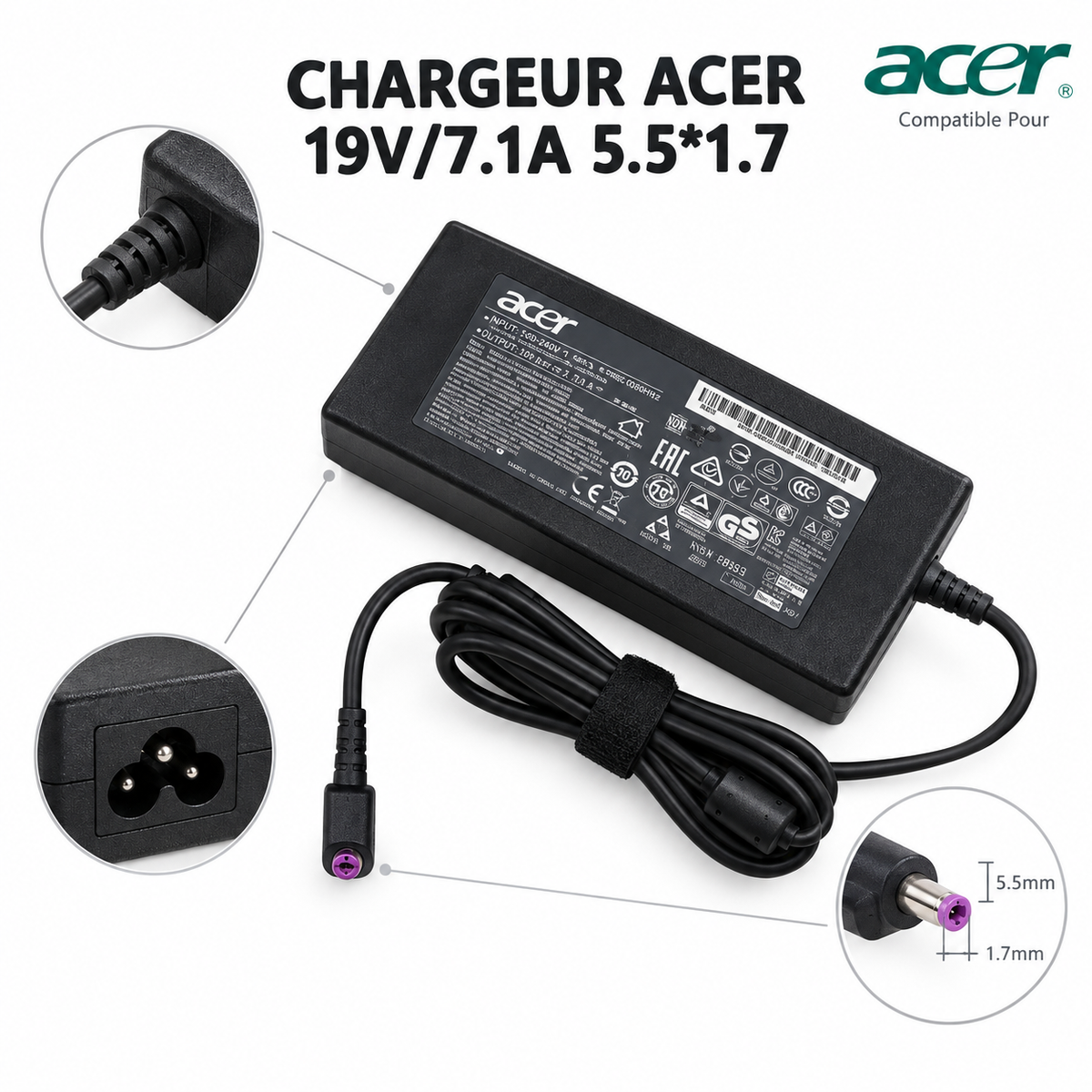 Chargeur Laptop Acer Original – 135W - 19V – 7.1A - Connecteur 5.5x1.7mm - État Neuf