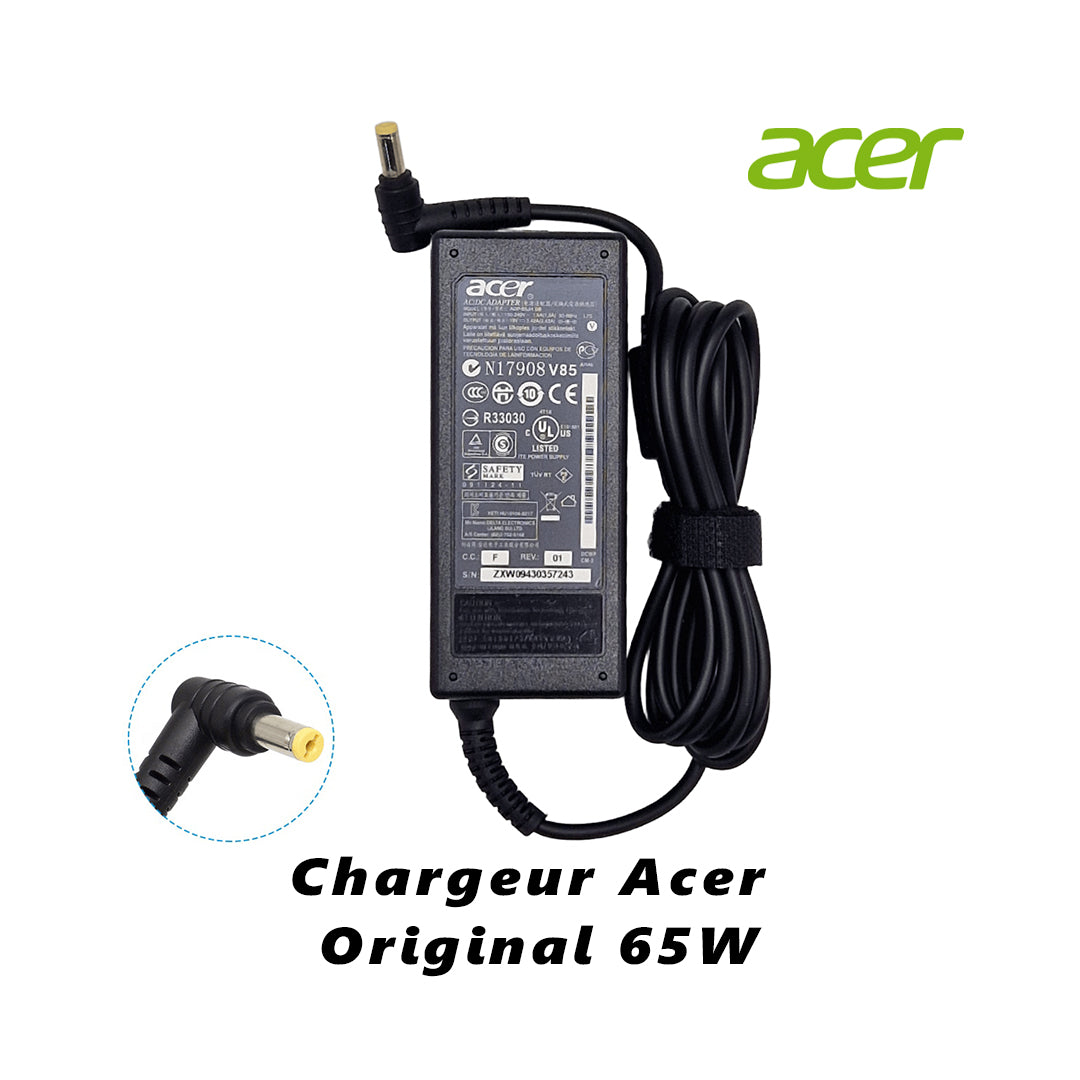 Chargeur Laptop Acer Original 65W 19V 3.42A – Fiche jaune avec Câble Trèfle Neuf