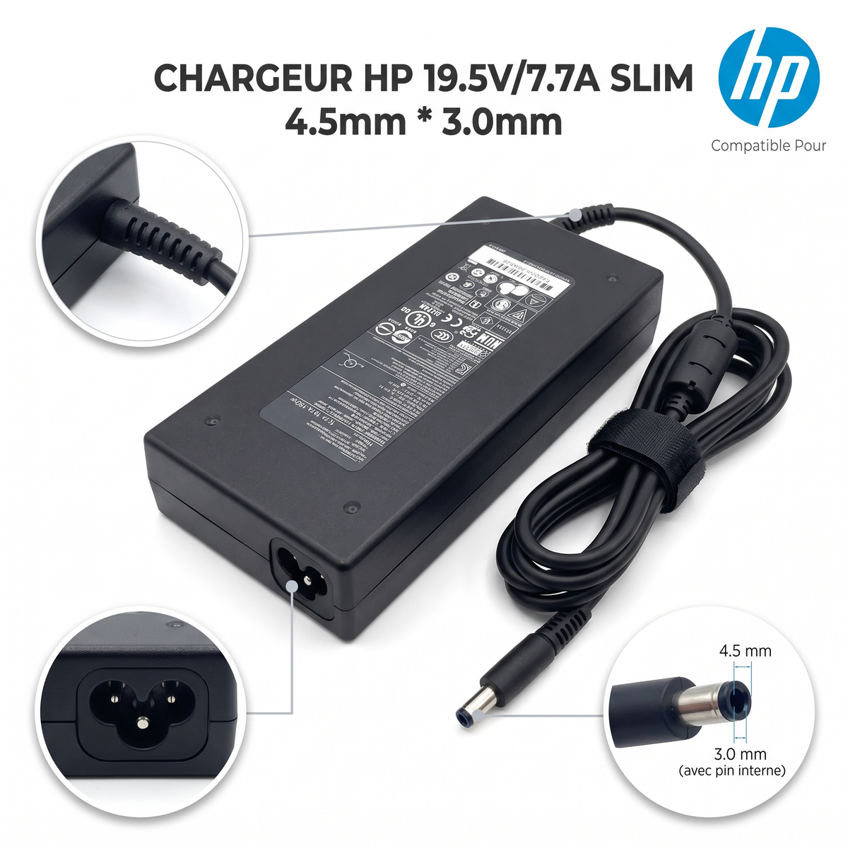 Chargeur Laptop HP Original – 150W - 19.5V – 7.7A - Connecteur avec Pin 4.5x3.0mm - État Neuf