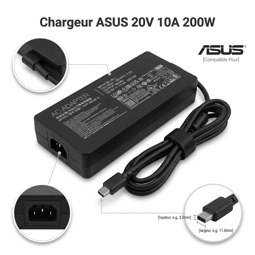 Chargeur Laptop ASUS Original 200W 20V 10A – Fiche Mini USB / Type-C Slim avec Câble Trèfle Excellent État
