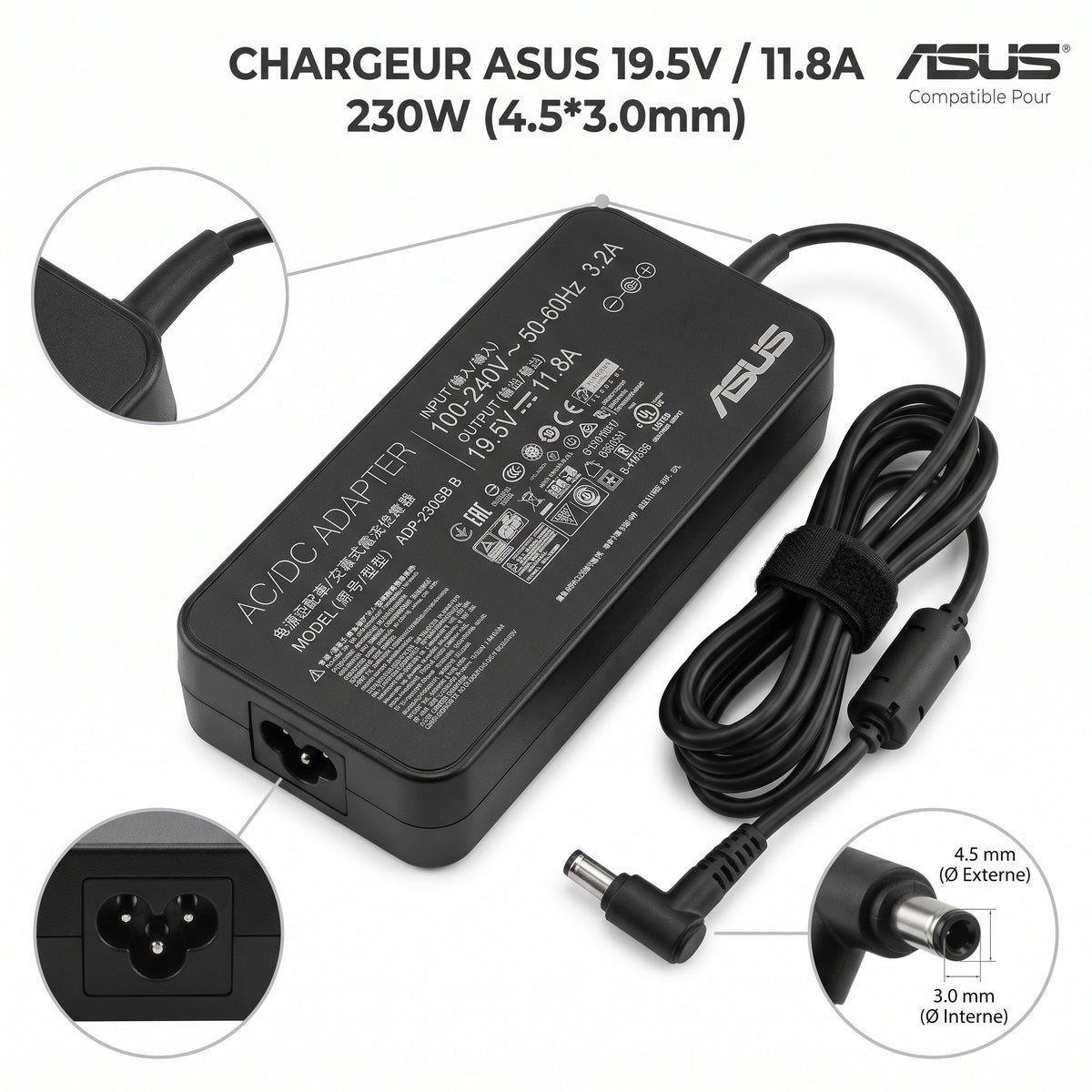 Chargeur Laptop ASUS Original 230W 19.5V 11.8A – Fiche 4.5x3.0 mm avec Câble Trèfle Excellent État