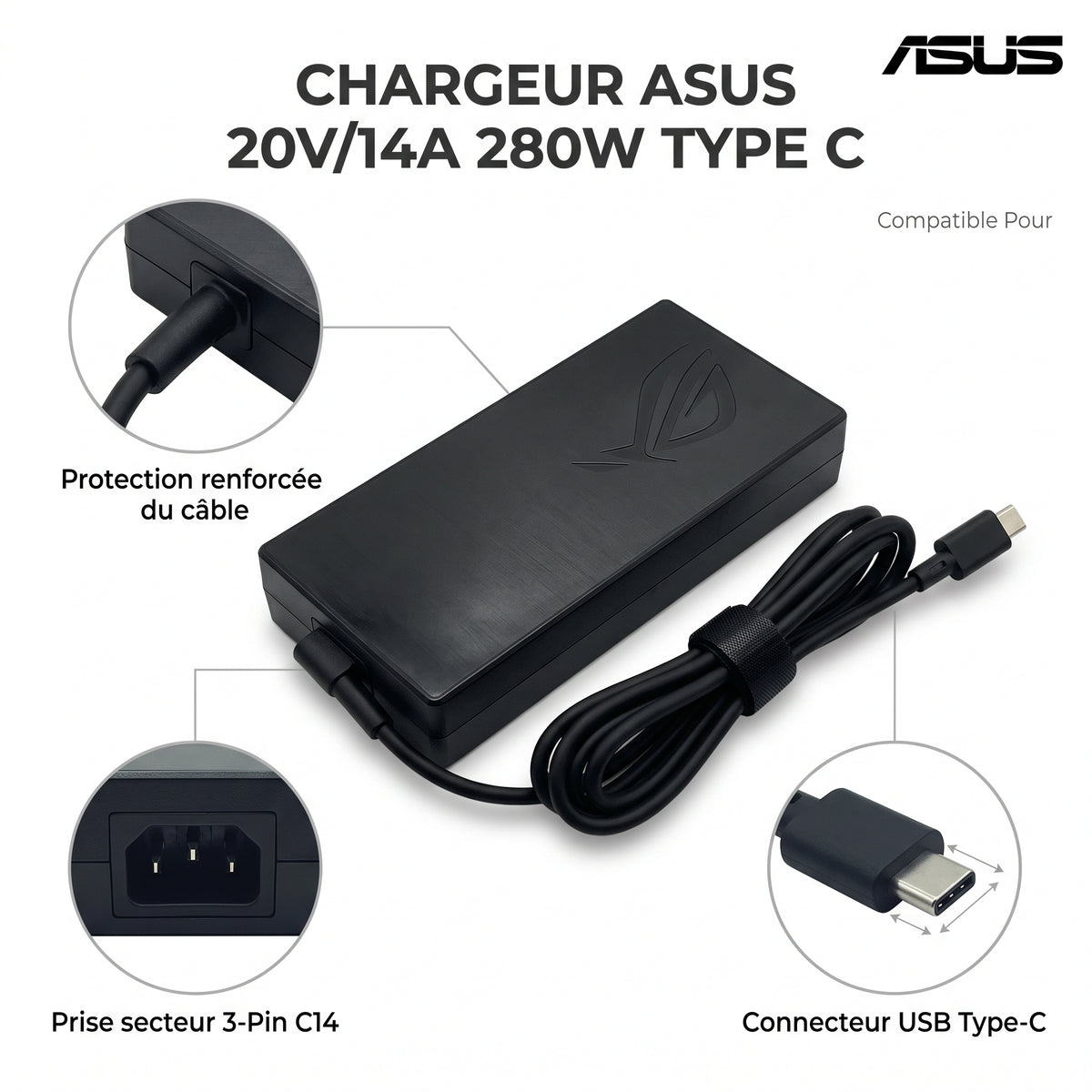 Chargeur Laptop ASUS Original 280W 20V 14A – Fiche USB Type-C avec Câble Trèfle Excellent État