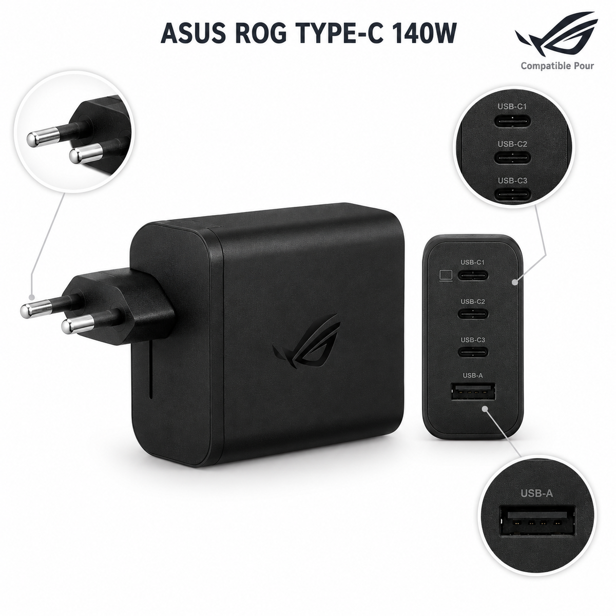 Chargeur Laptop ASUS ROG Original 140W – Fiche 3x USB-C + 1x USB-A Excellent État
