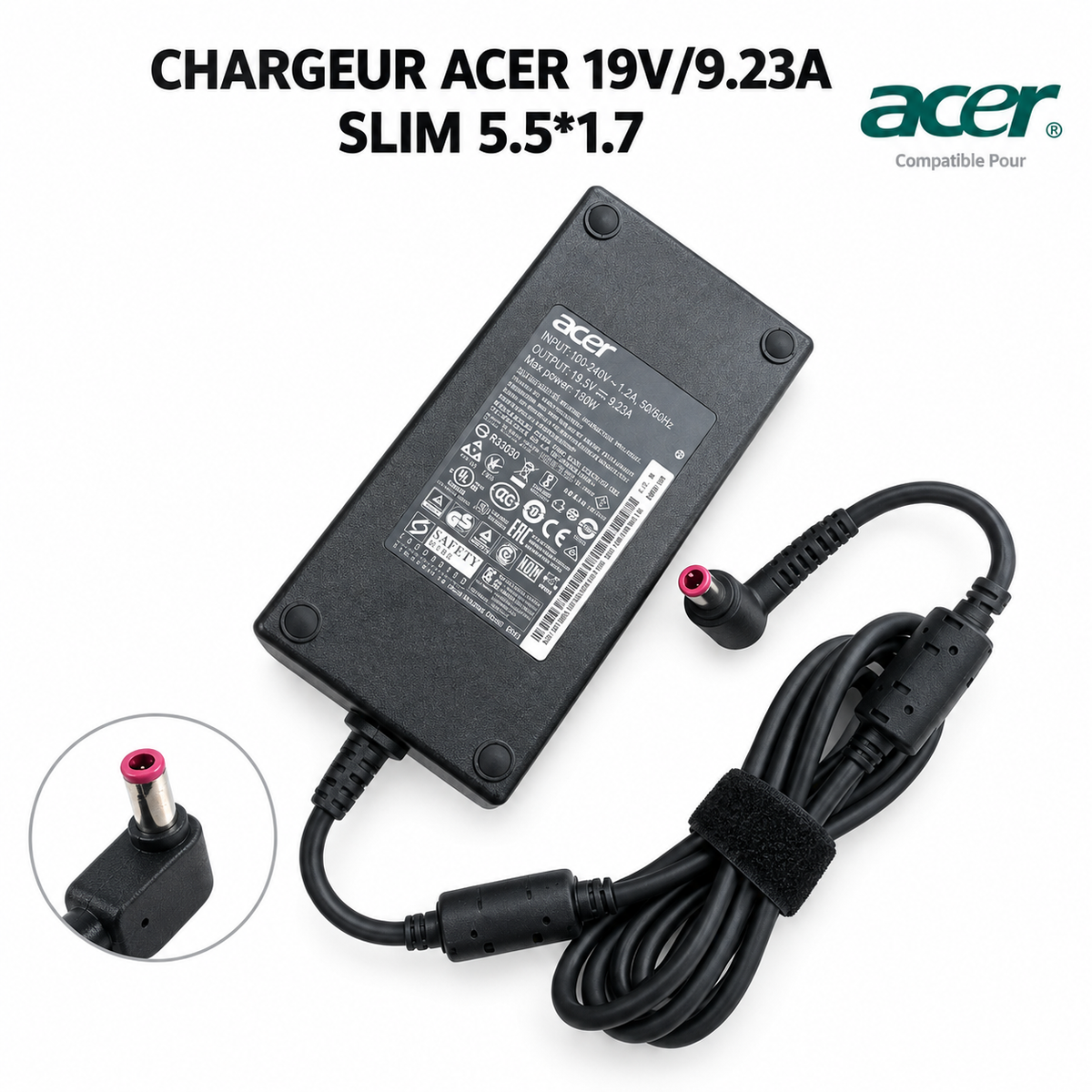 Chargeur Laptop Acer Original – 180W - 19V – 9.23A - Connecteur 5.5x1.7mm - État Neuf