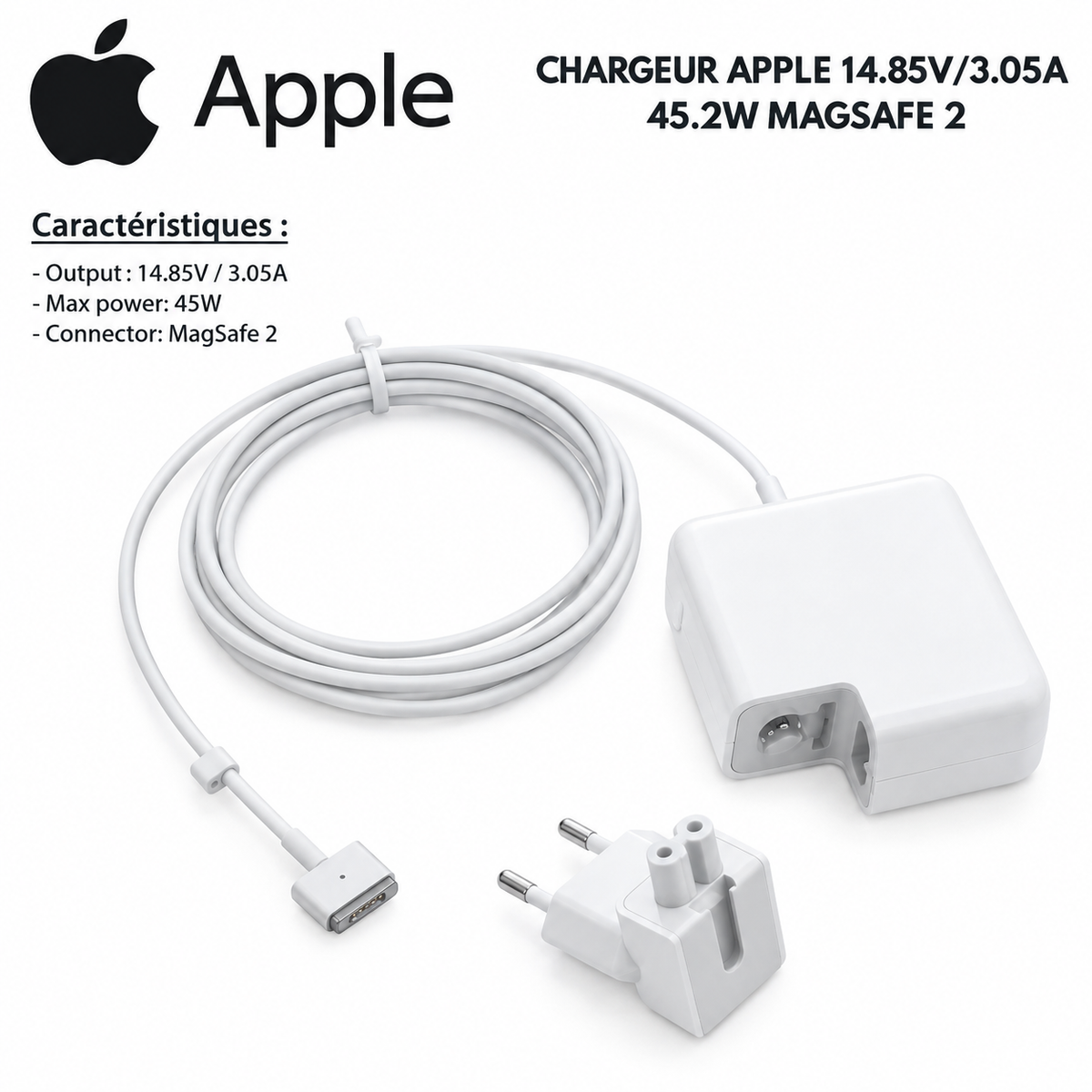 Chargeur Laptop Apple Original – 45W - 14.85V – 3.05A - Connecteur MagSafe 2 - État Neuf