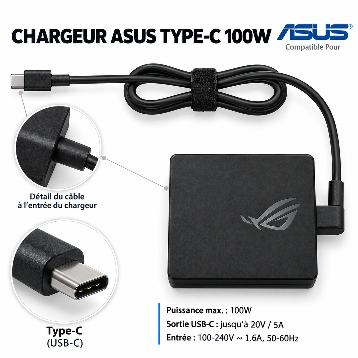 Chargeur Laptop Asus Original – 100W - 20V – 5A - Connecteur USB Type-C - État Neuf