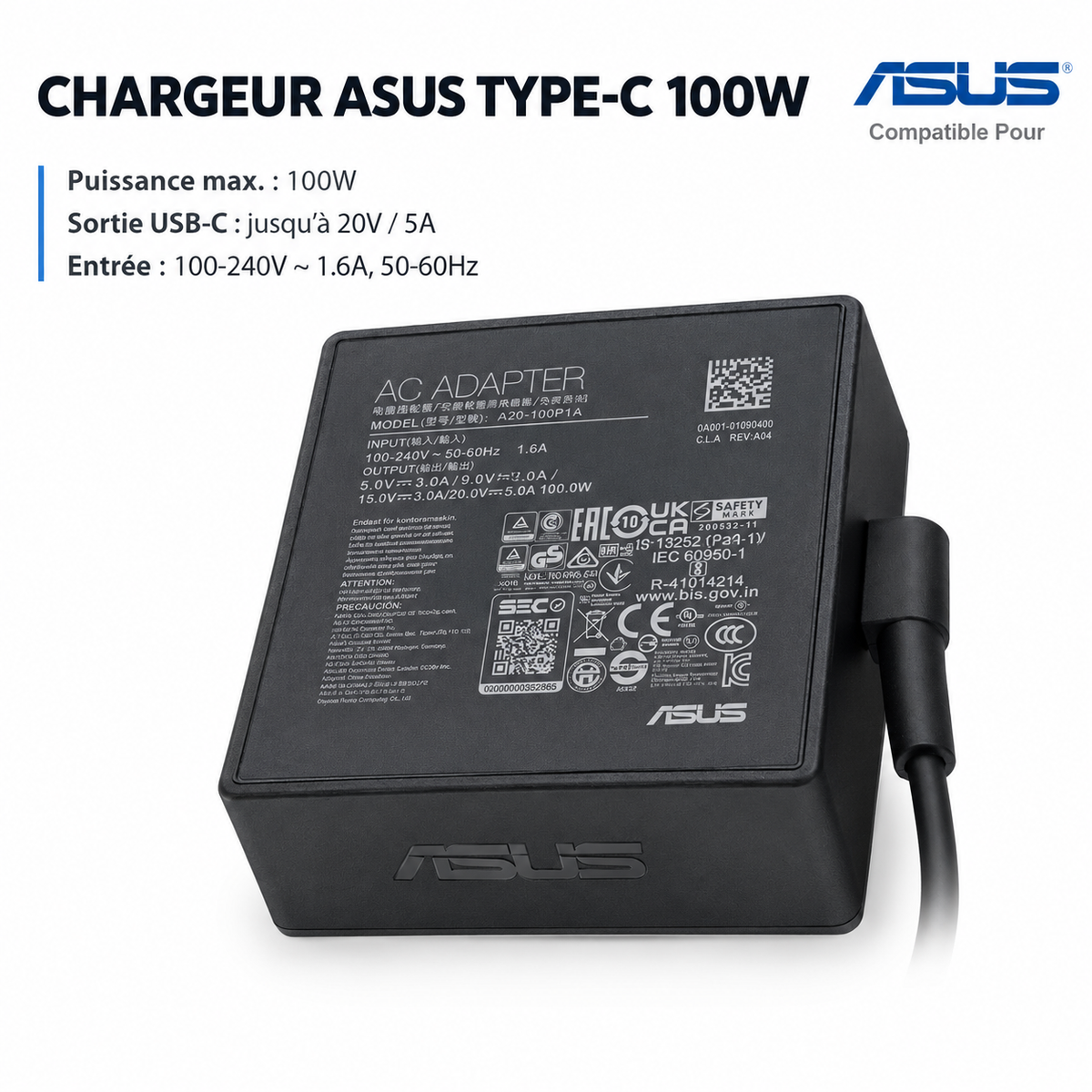 Chargeur Laptop Asus Original – 100W - 20V – 5A - Connecteur USB Type-C - État Neuf