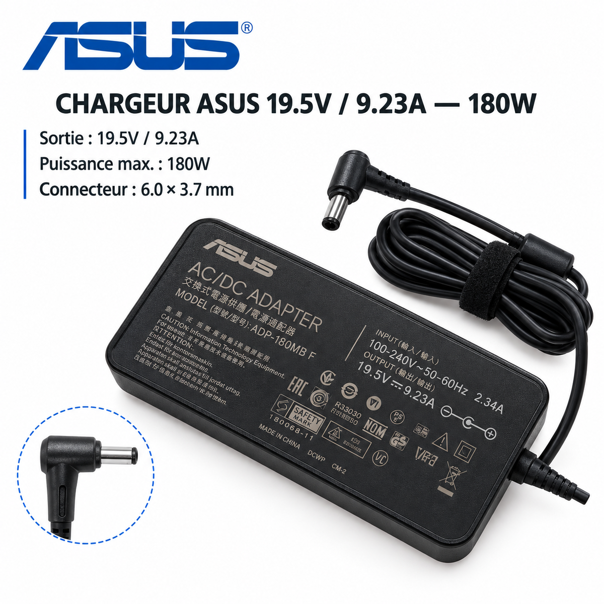 Chargeur Laptop Asus Original – 180W - 19.5V – 9.23A - Connecteur avec Pin 6.0x3.7mm - État Neuf