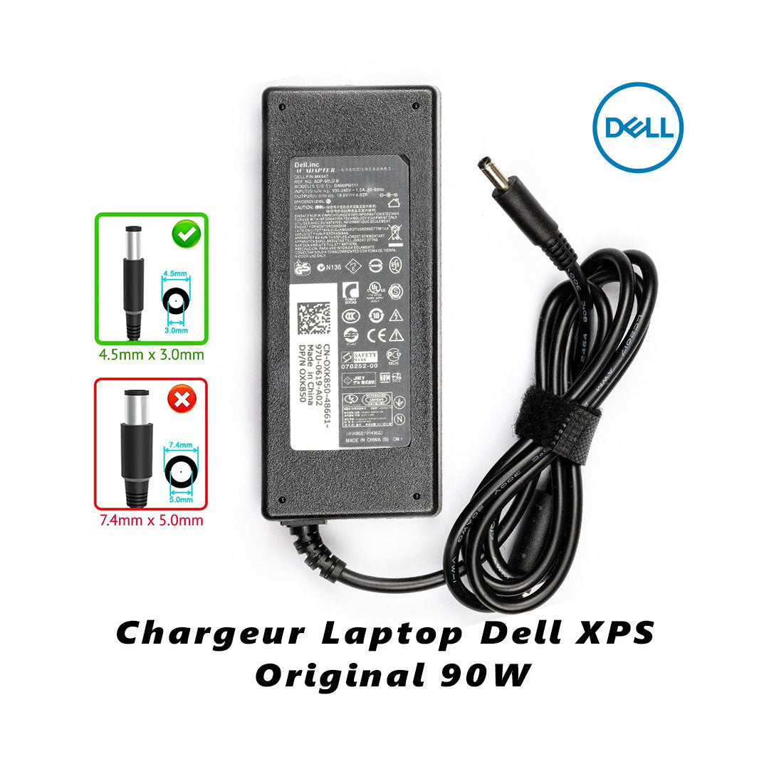 Chargeur Laptop Dell Original 90W XPS 19.5V 4.62A – Fiche Noir avec Câble Trèfle État Neuf