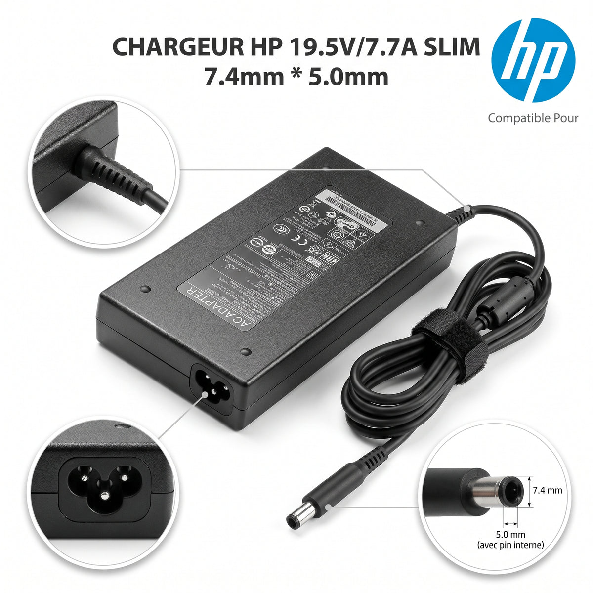 Chargeur Laptop HP Original – 150W - 19.5V – 7.7A - Connecteur avec Pin 7.4x5.0mm - État Neuf