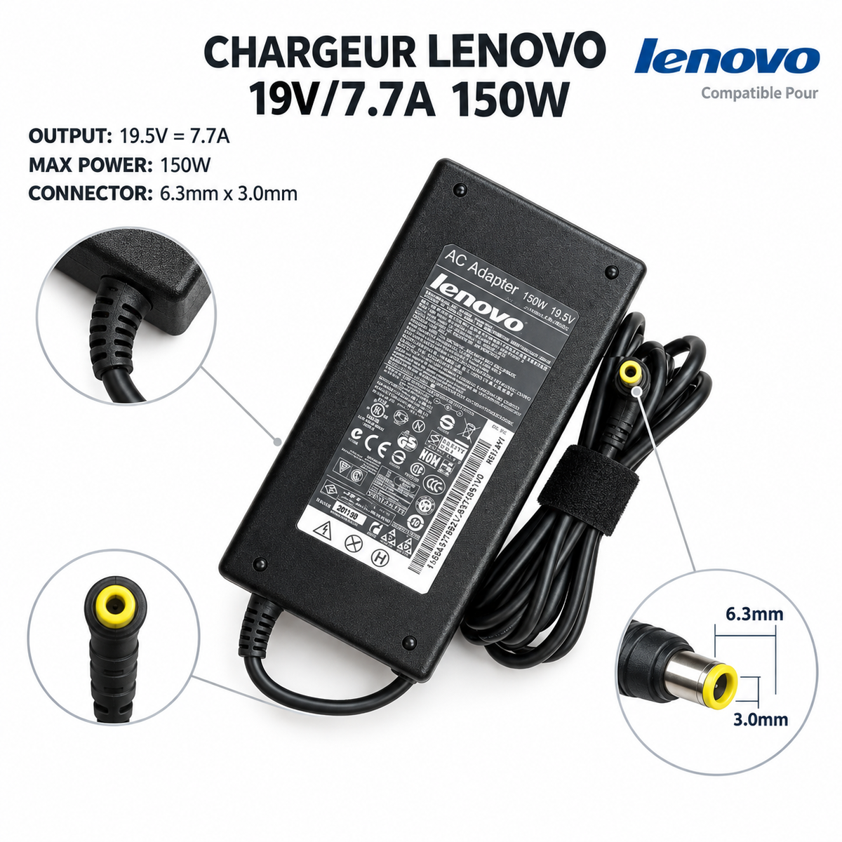 Chargeur Laptop Lenovo Original – 150W - 19V – 7.7A - Connecteur avec Pin 6.3x3.0mm - État Neuf