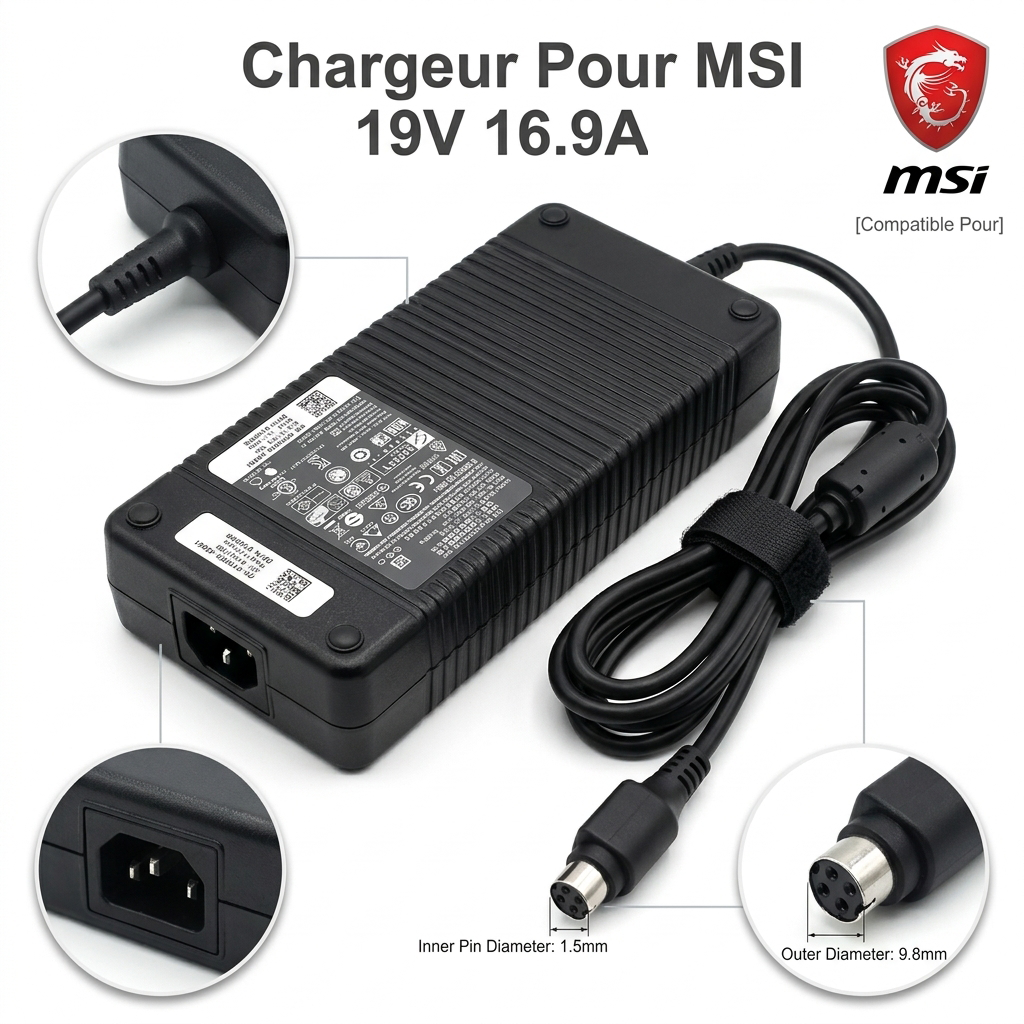 Chargeur Laptop MSI Original 320W 19V 16.9A – Fiche 4-Pin avec Câble Trèfle Excellent État
