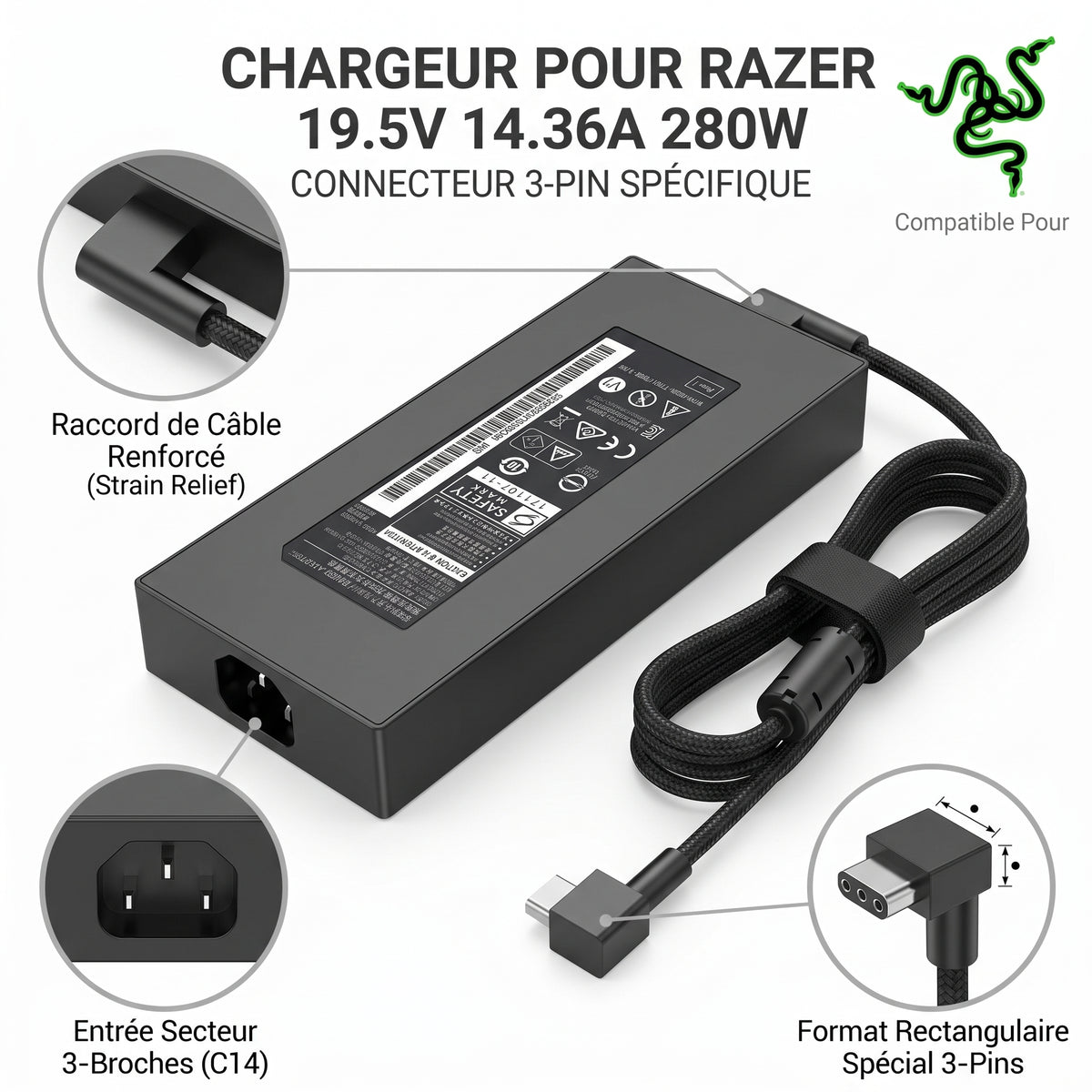 Chargeur Laptop Razer Original 280W 19.5V 14.36A – Fiche 3PIN avec Câble Trèfle Excellent État