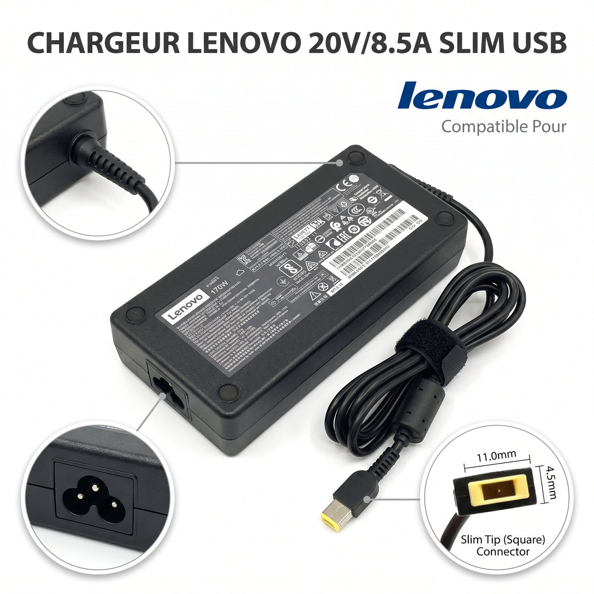 Chargeur Laptop Lenovo Original – 170W - 20V – 8.5A - Connecteur Slim Tip - État Neuf