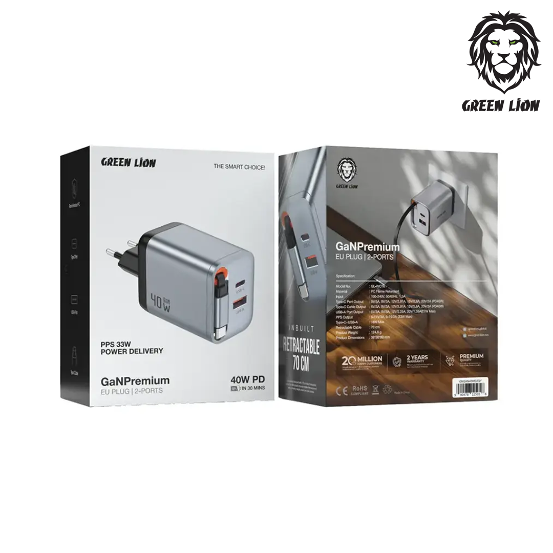 Chargeur secteur Green Lion GaN Premium 40W, ports USB-C et USB-A, câble Type-C rétractable 70cm, prise EU. Garantie 1 mois. Livraison rapide en Algé