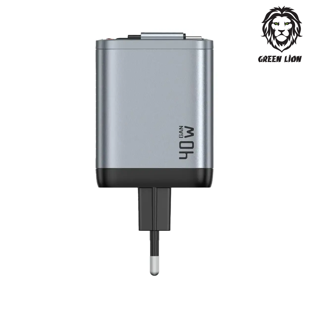 Chargeur secteur Green Lion GaN Premium 40W, ports USB-C et USB-A, câble Type-C rétractable 70cm, prise EU. Garantie 1 mois. Livraison rapide en Algéri