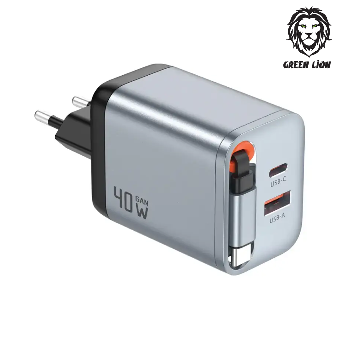 Chargeur secteur Green Lion GaN Premium 40W, ports USB-C et USB-A, câble Type-C rétractable 70cm, prise EU. Garantie 1 mois. Livraison rapide en Algérie.