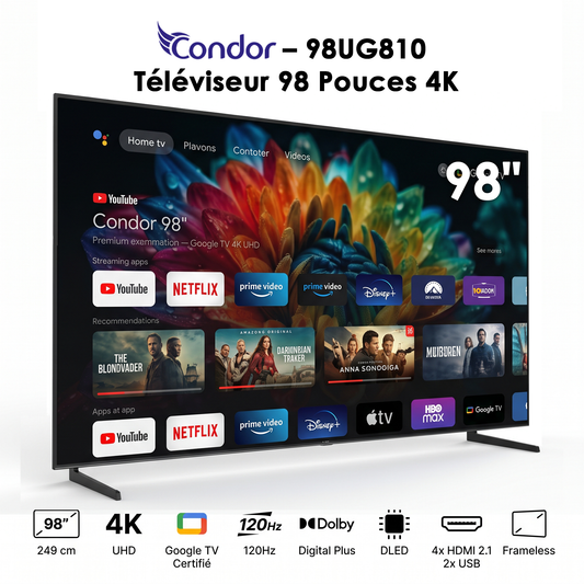 Condor 98UG810 – Televiseur 98 Pouces 4K UHD Smart TV (Google TV / 120Hz / Dolby Vision / Dolby Atmos)