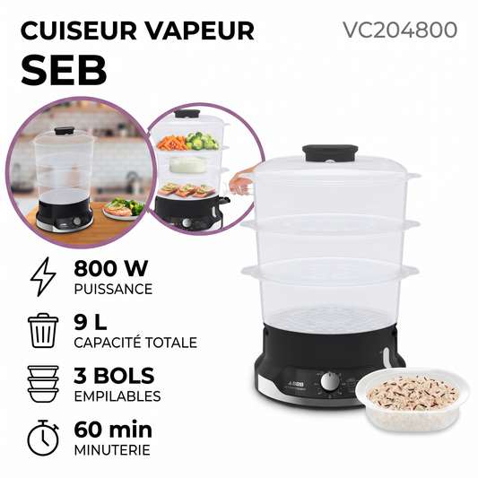 Seb VC204800 Cuiseur vapeur Ultracompact 9L – 3 bols, 800W