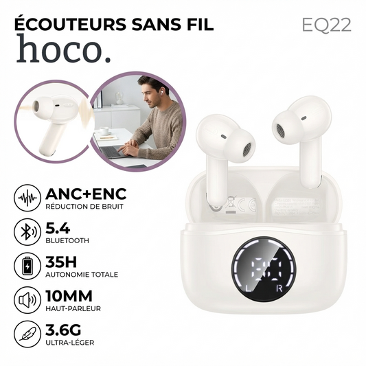 Hoco EQ22 – Ecouteurs Sans Fil TWS - Bluetooth 5.4 - ANC + ENC - Beige