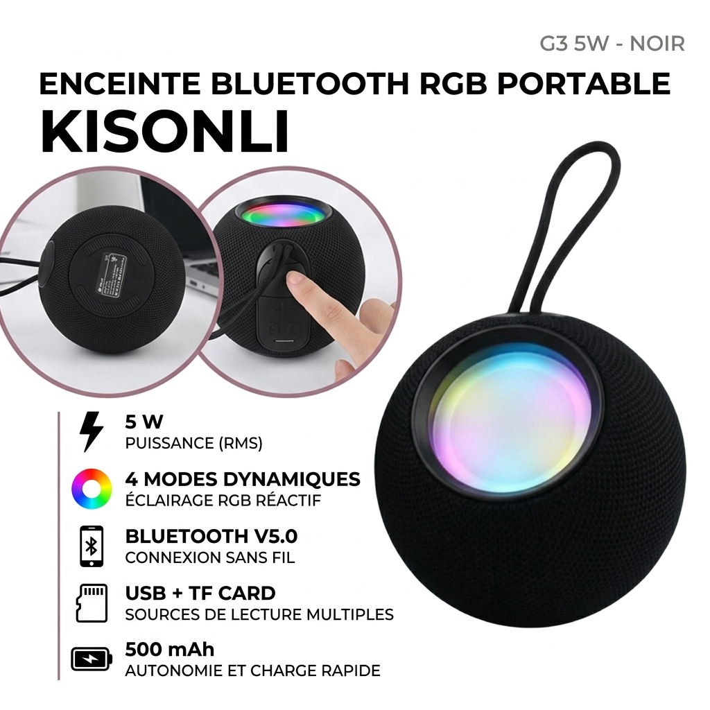Kisonli G3 5W - Enceinte Bluetooth RGB Portable Noir