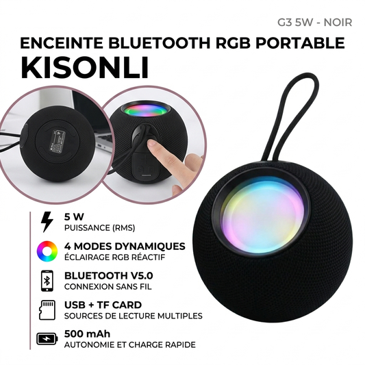 Kisonli G3 5W - Enceinte Bluetooth RGB Portable Noir